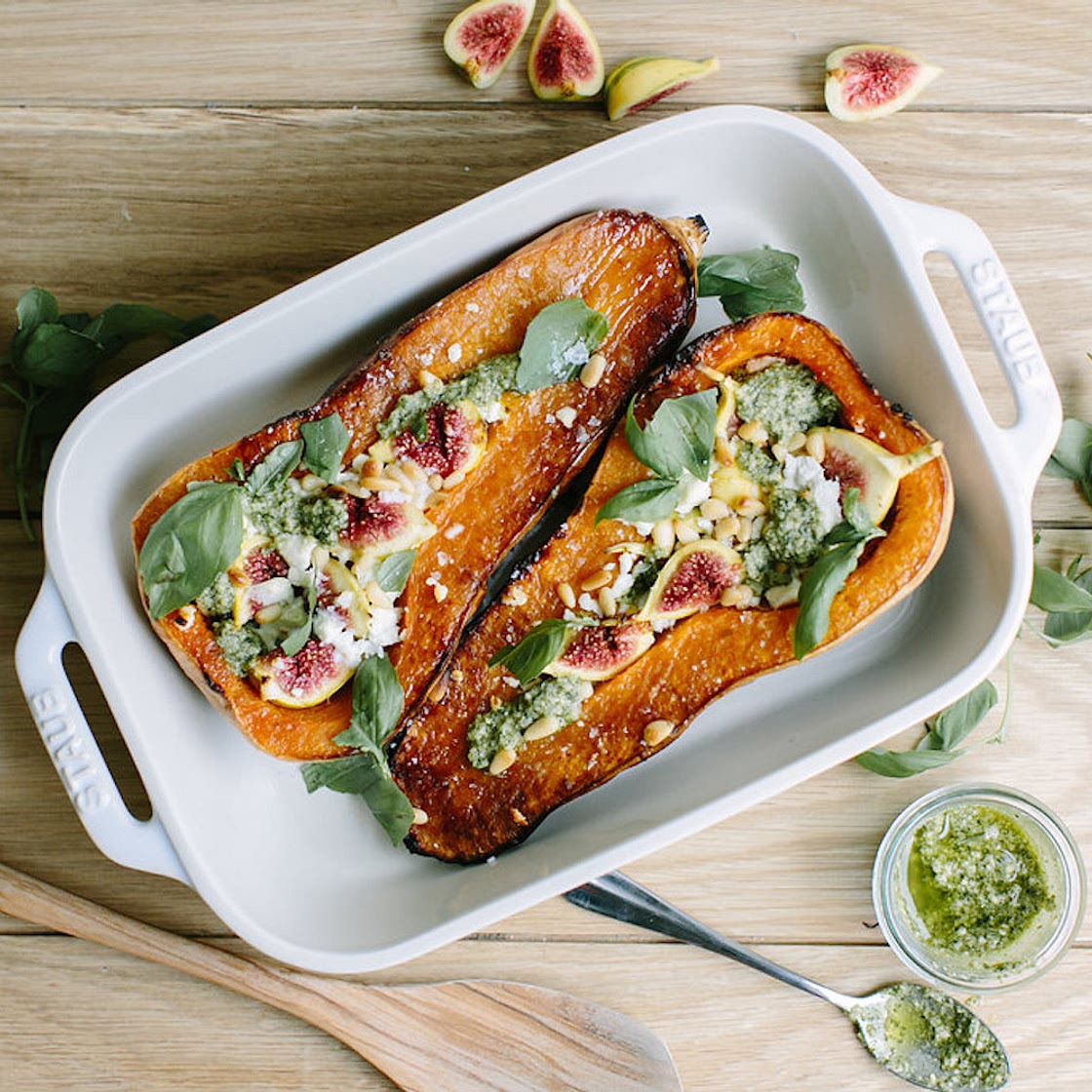 Roasted Butternut Squash Stuffed with Goat Cheese, Figs, and Pesto