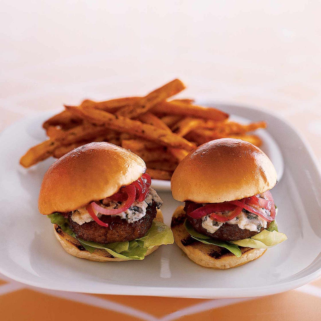 Stilton Sirloin Burgers with Onion Jam