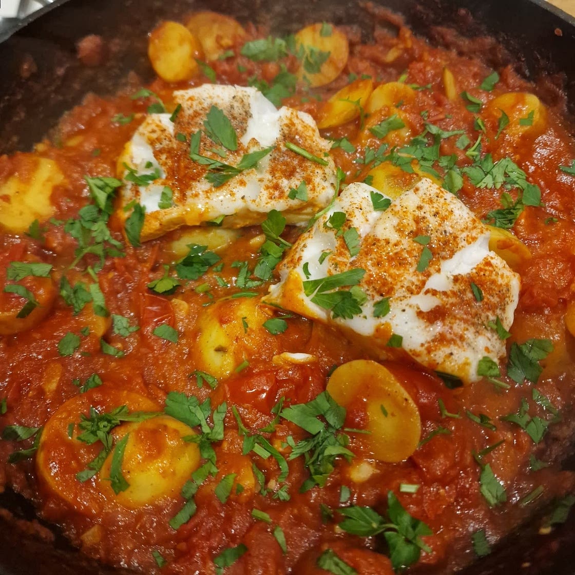 Cod with Garlicky Tomatoes and Potatoes