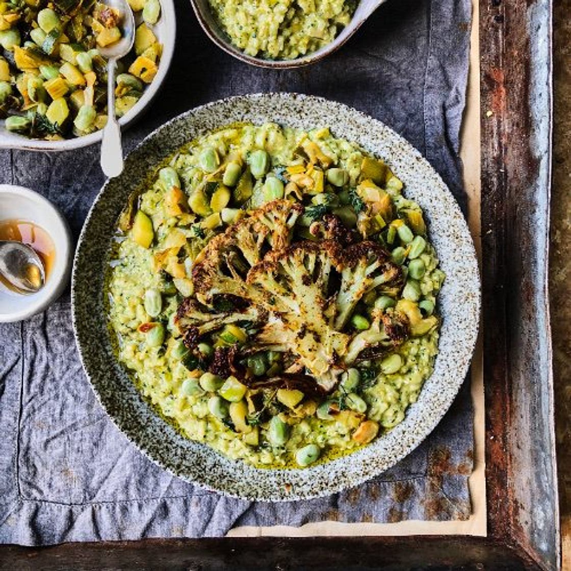 Pesto Risotto with Sautéed Greens and Za'atar Cauliflower Steaks