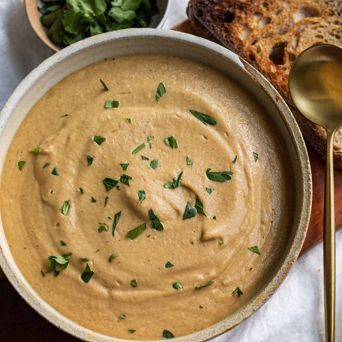 Vegan Garlic Soup with Cauliflower and Tahini