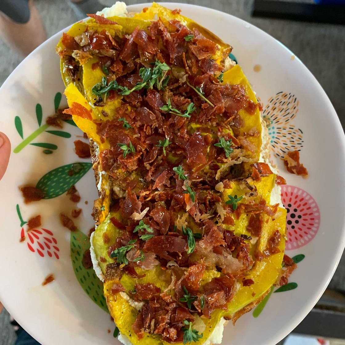 Butternut Squash + Ricotta Toast with Crispy Prosciutto and Balsamic Glaze