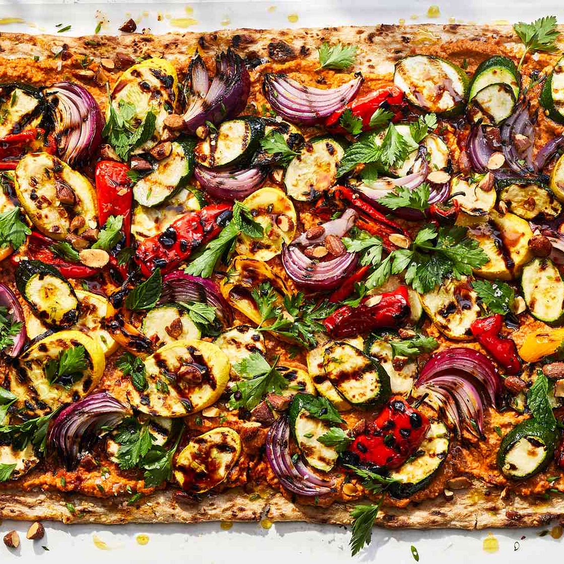 Grilled Vegetable Flatbread with Smoked Almond Muhammara