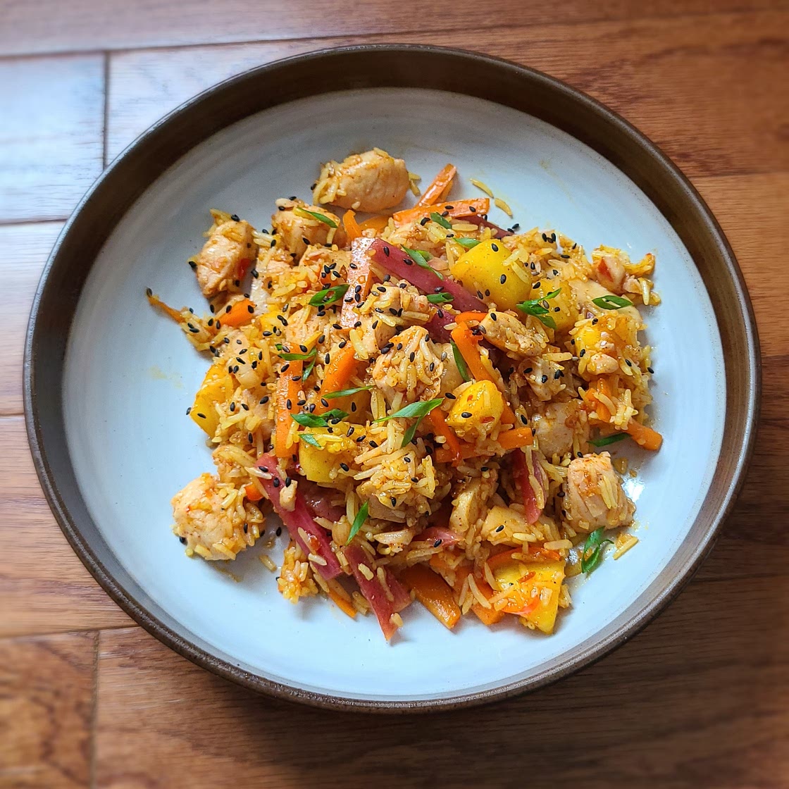 Fried rice/chicken/root vegies/pineapple