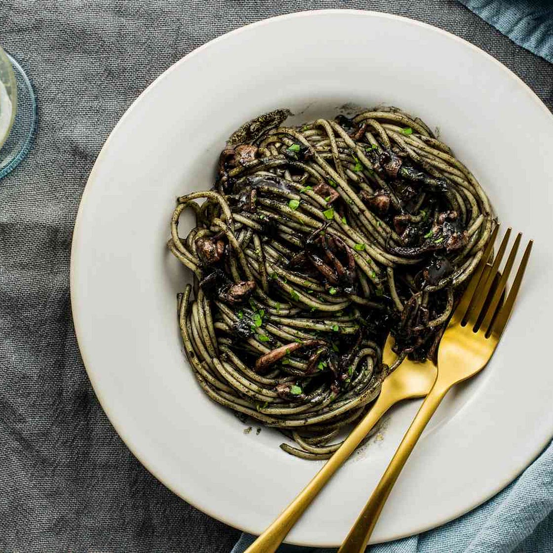 Spaghetti and Squid in Squid Ink Sauce