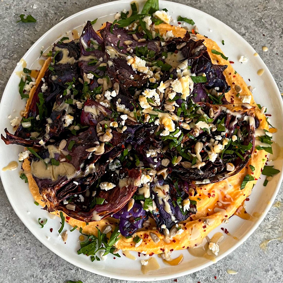 Crispy Roasted Cabbage with Whipped Sweet Potato and Feta