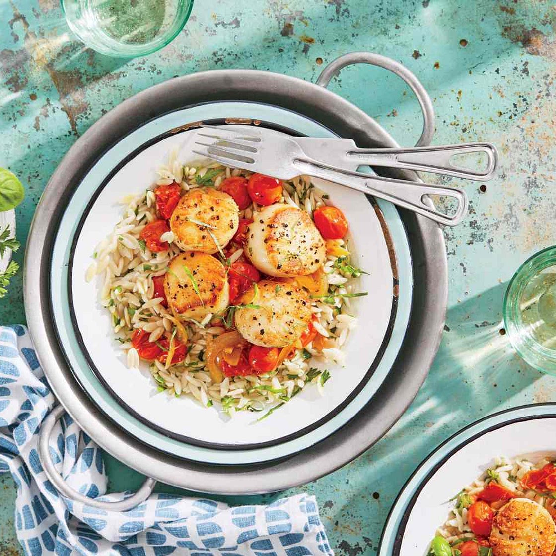 Seared Scallops with Fresh Tomato-Basil Sauce and Orzo Recipe