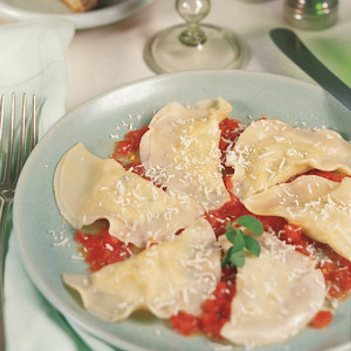Scallion Ravioli in Fresh Tomato Sauce