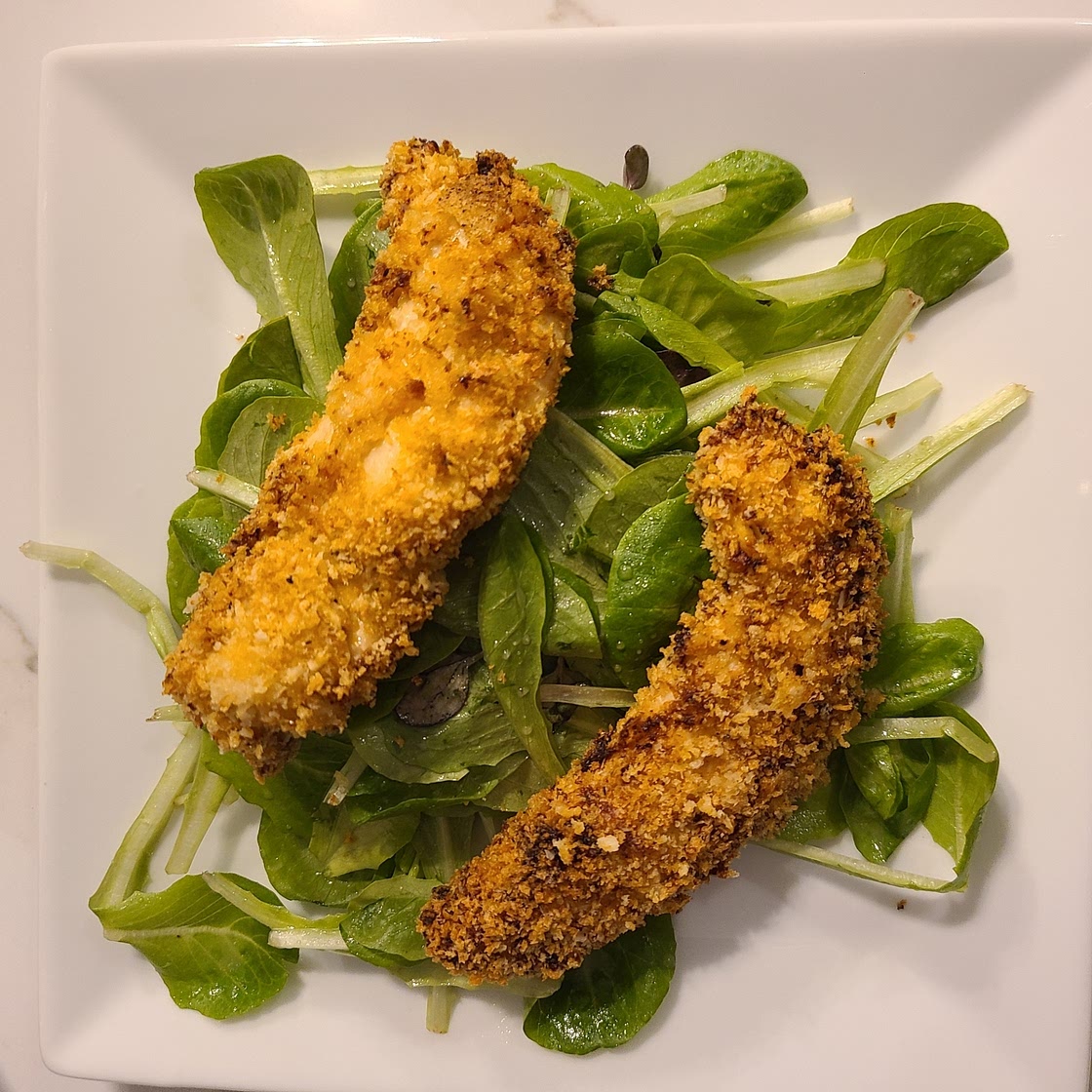 Homemade Chicken Tenders with Everything Bagel Seasoning over Salad