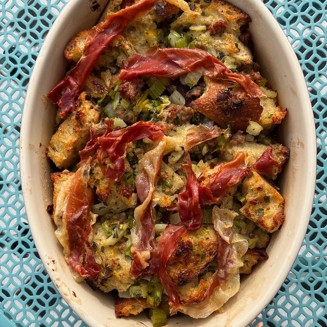 Herby Sausage Stuffing with Crispy Prosciutto