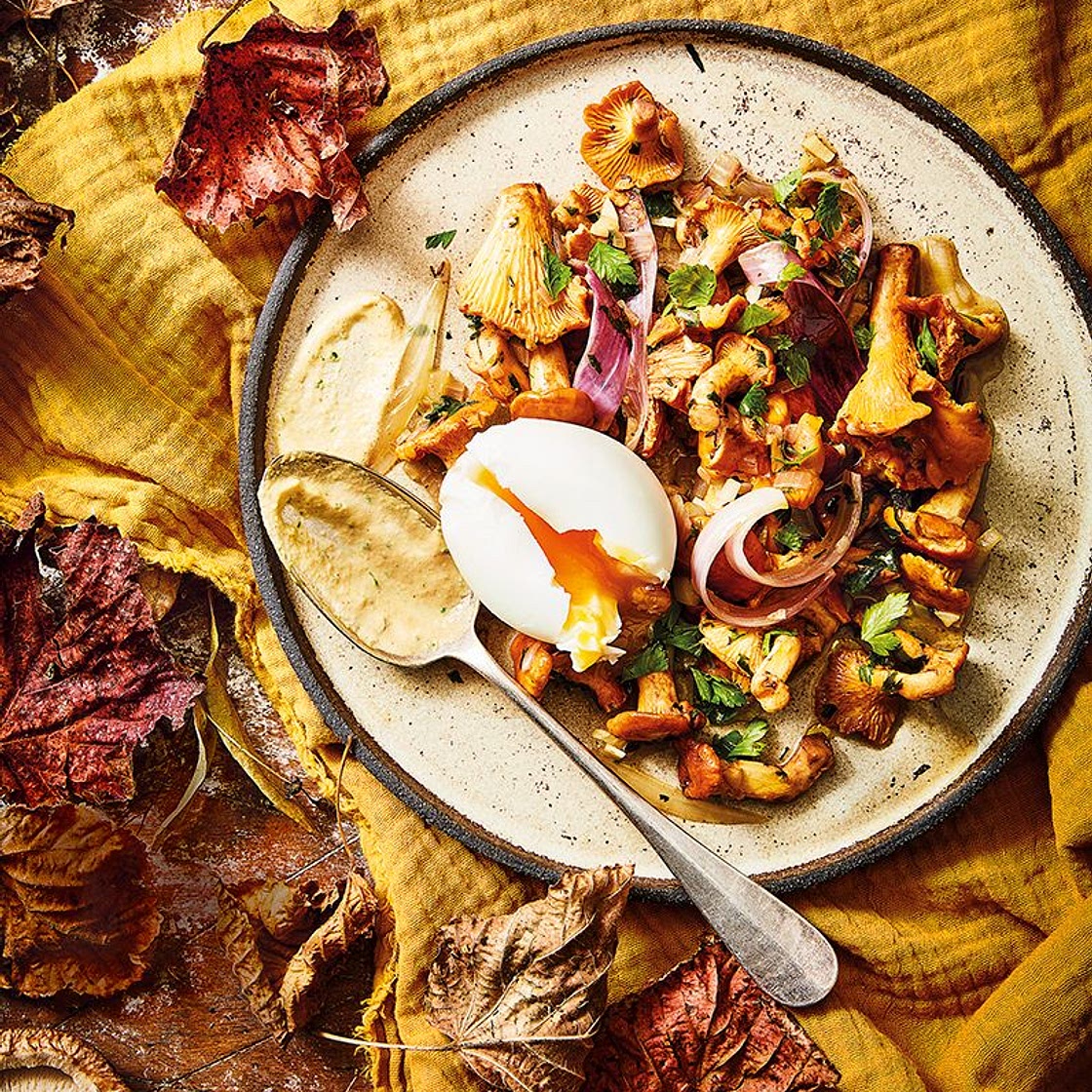 Oeufs mollets, poêlée et crème de girolle