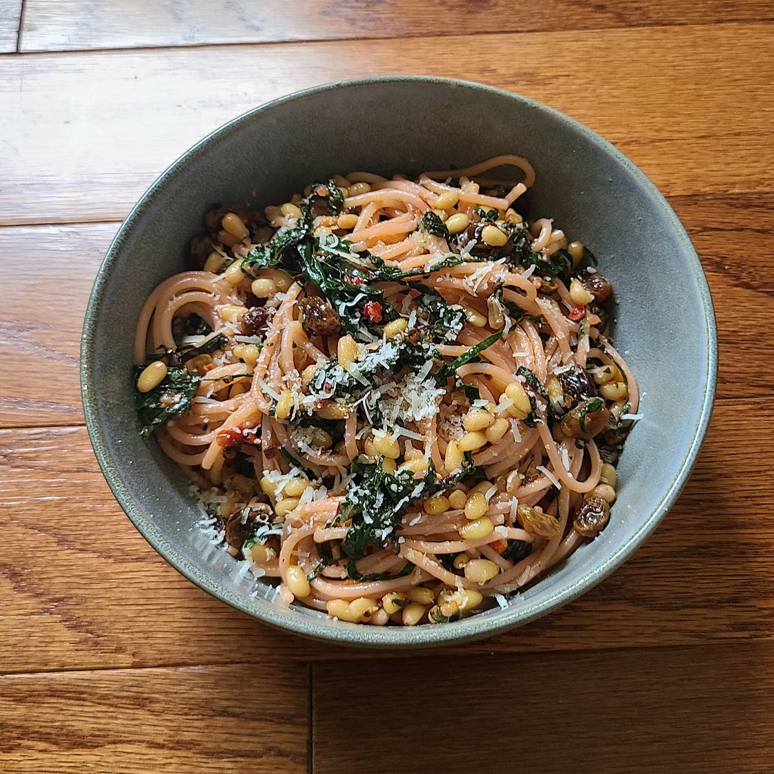 SPAGHETTI WITH SWISS CHARD, PINE NUTS, RAISINS, AND CHILES