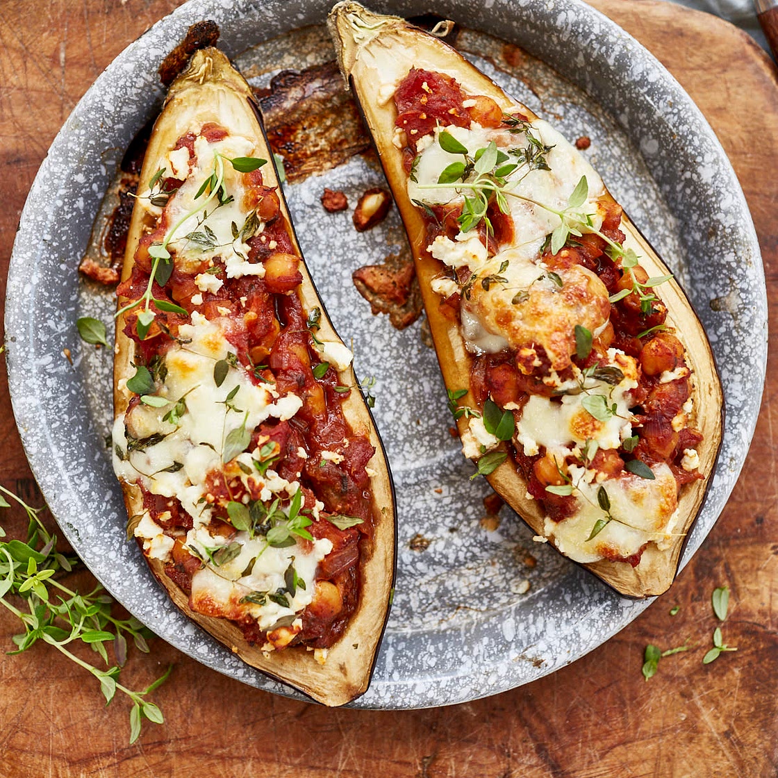 Chickpea & Mozzarella Baked Aubergines