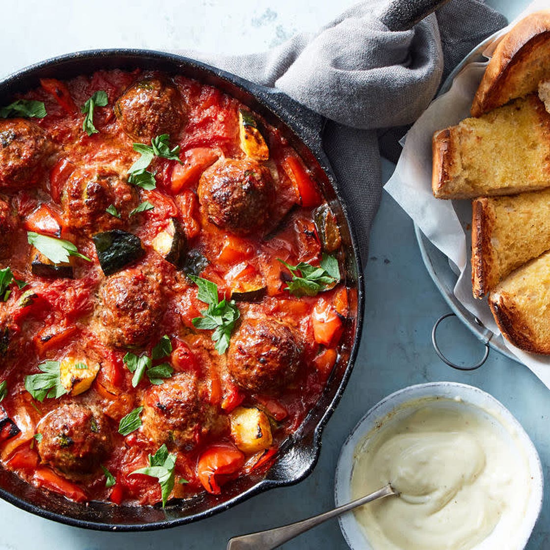 Tapas-Style Meatball Stew with Garlic Toast and Aioli