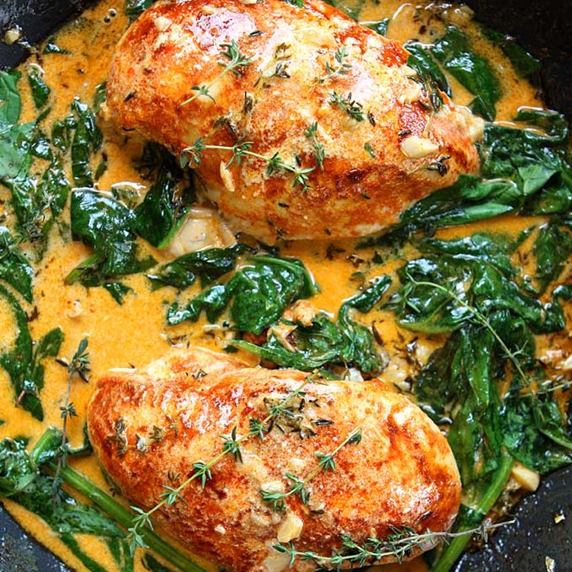 paprika chicken & spinach with white wine butter thyme sauce