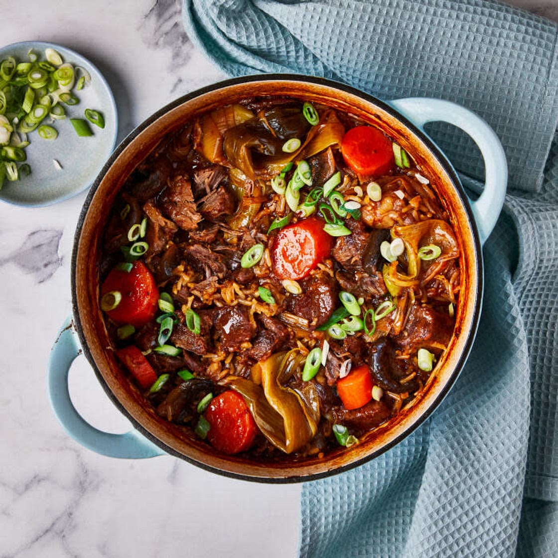 Oven baked spicy Korean style beef and leek stew