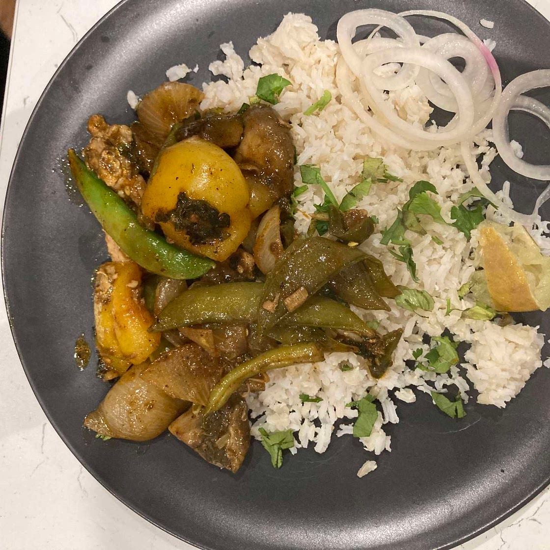 Pendang chicken stir fry with coconut rice