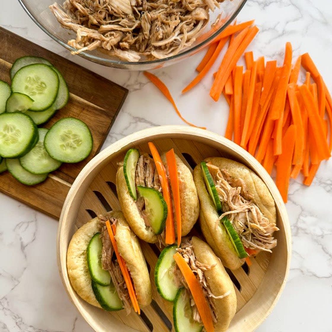 Bao Buns with shredded chicken