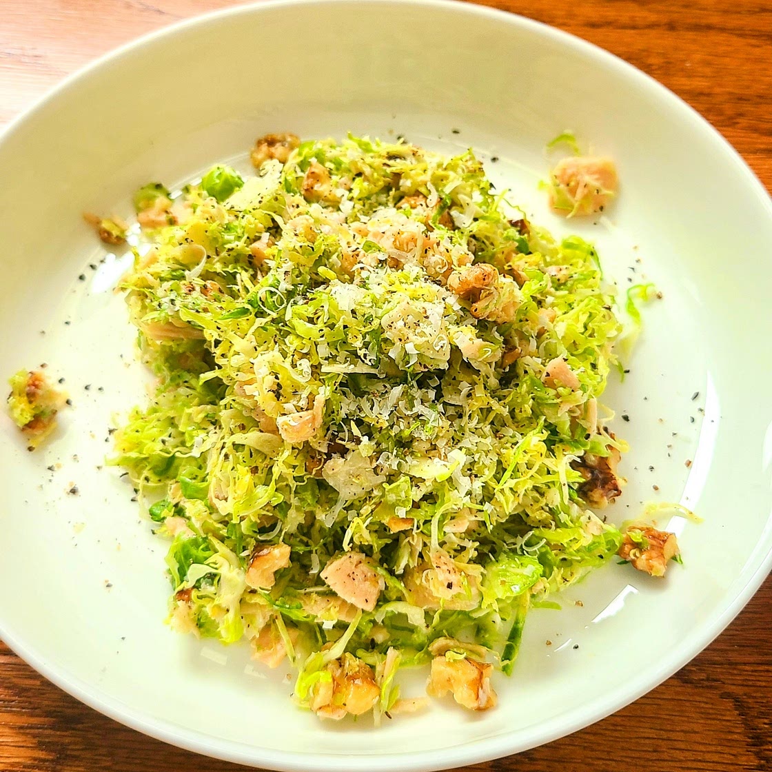 Brussle sprouts salad with tuna and hazelnuts and pecorino