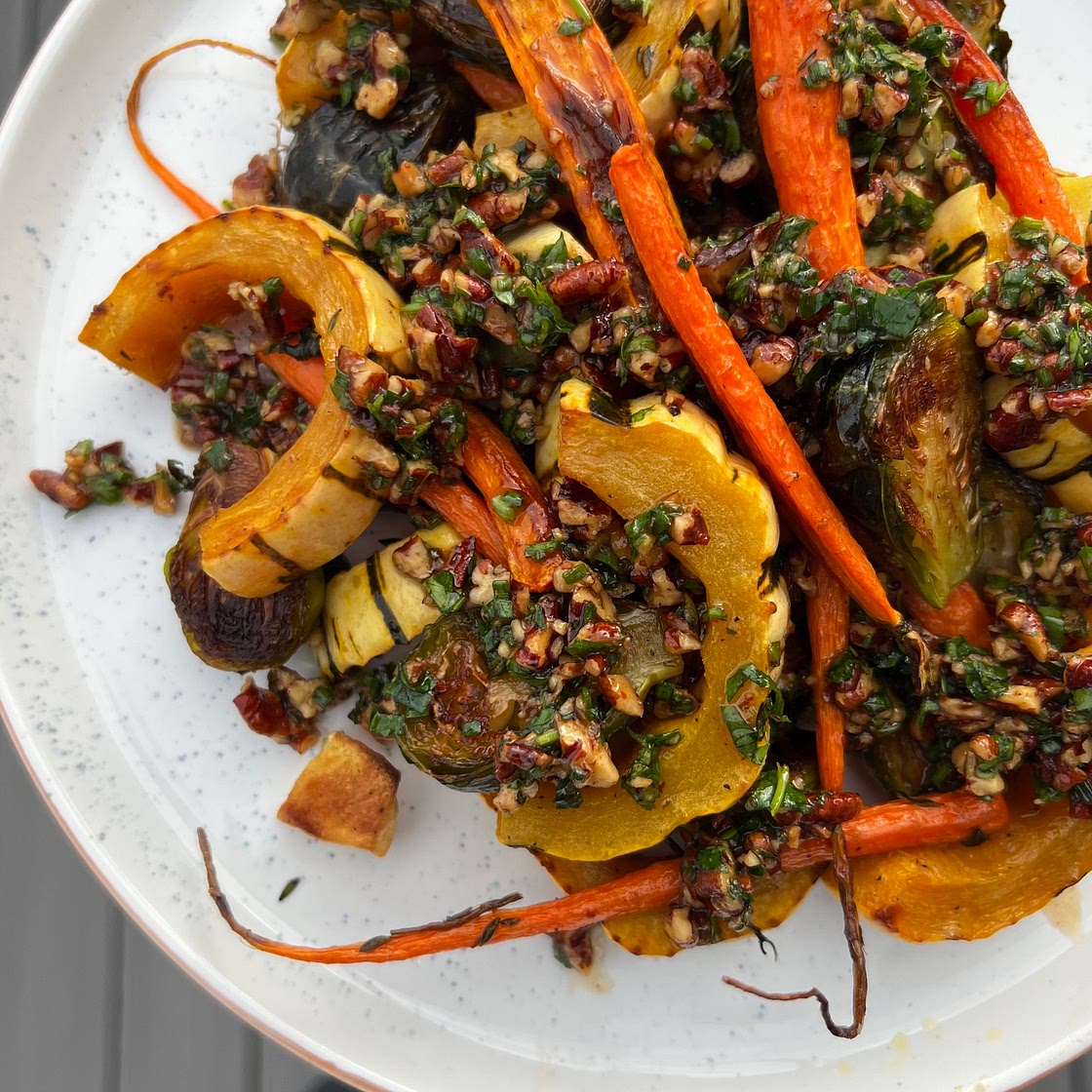 Roasted Fall Vegetables with Pecan Topping