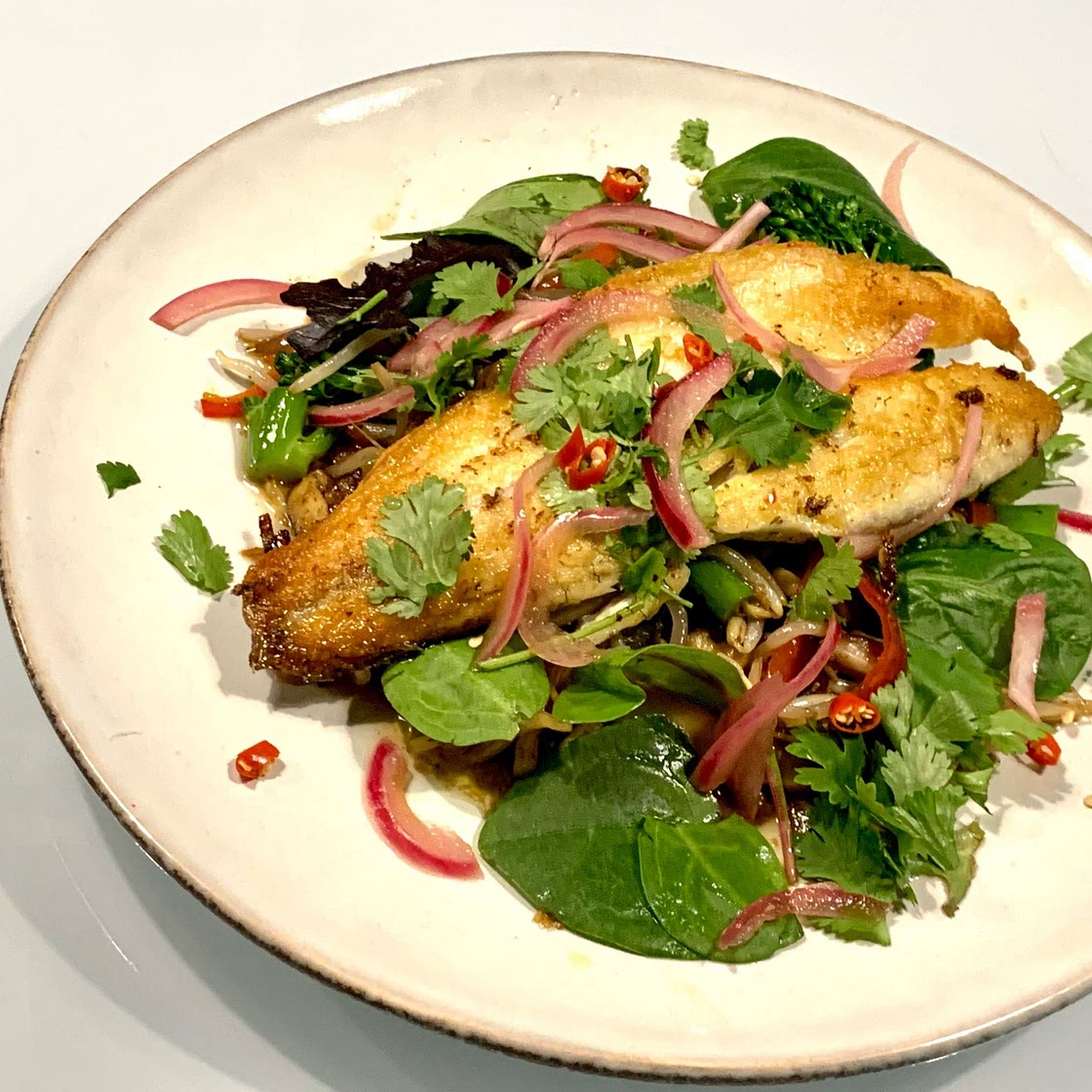 Pan Fried Seabass (Lemongrass and Chilli) with Stir Fried Vegetables