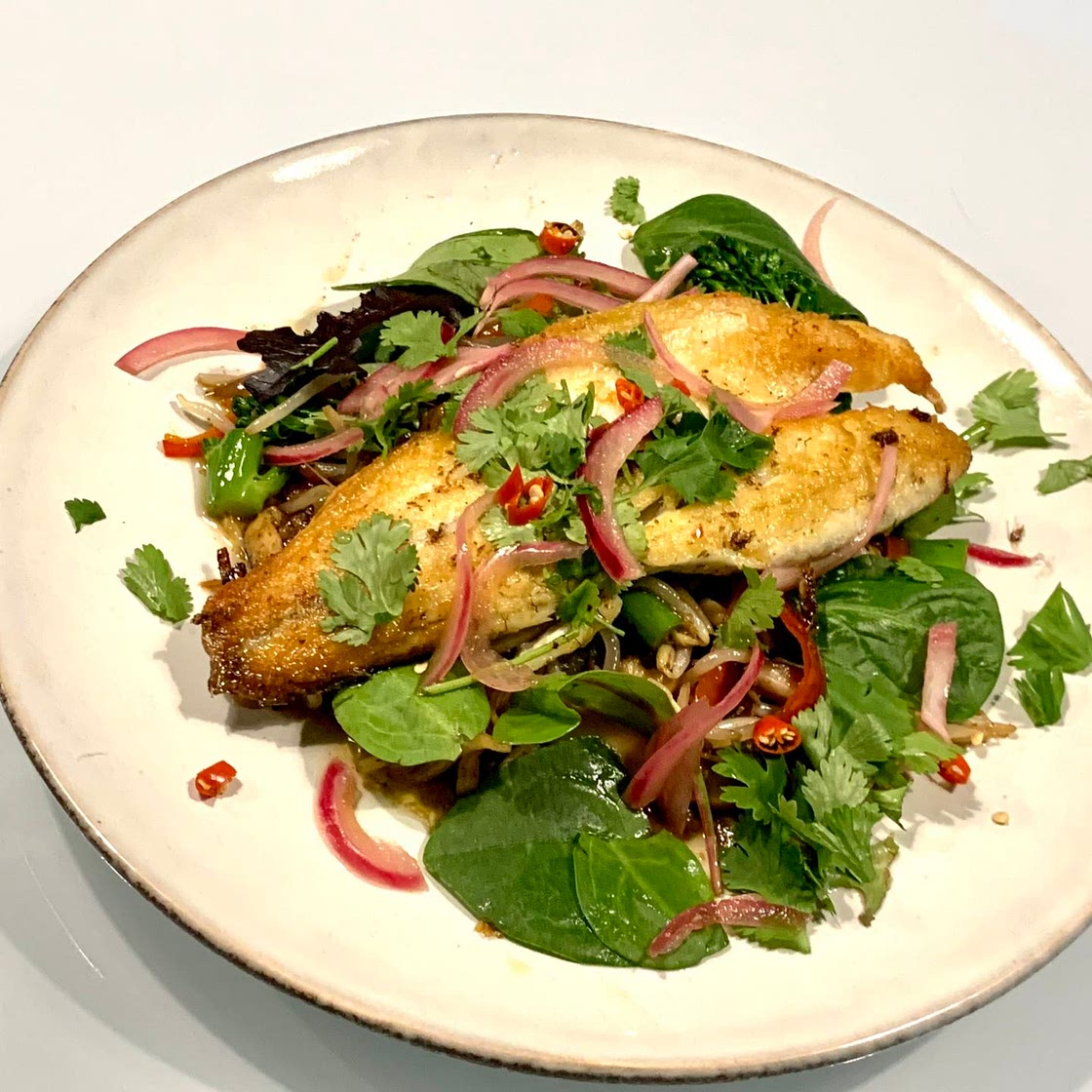 Pan Fried Seabass (Lemongrass and Chilli) with Stir Fried Vegetables