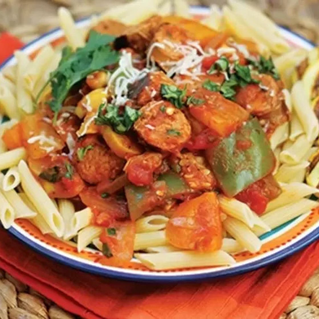 Grilled Sausage with Rustic Vegetables and Pasta