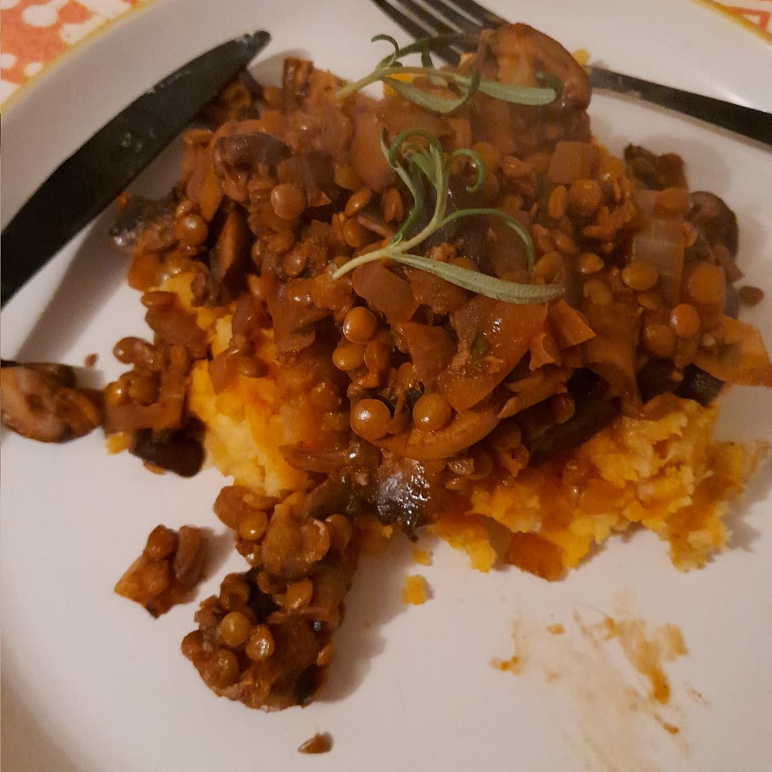 Lentil and Mushroom Stew over Potato-Parsnip Mash