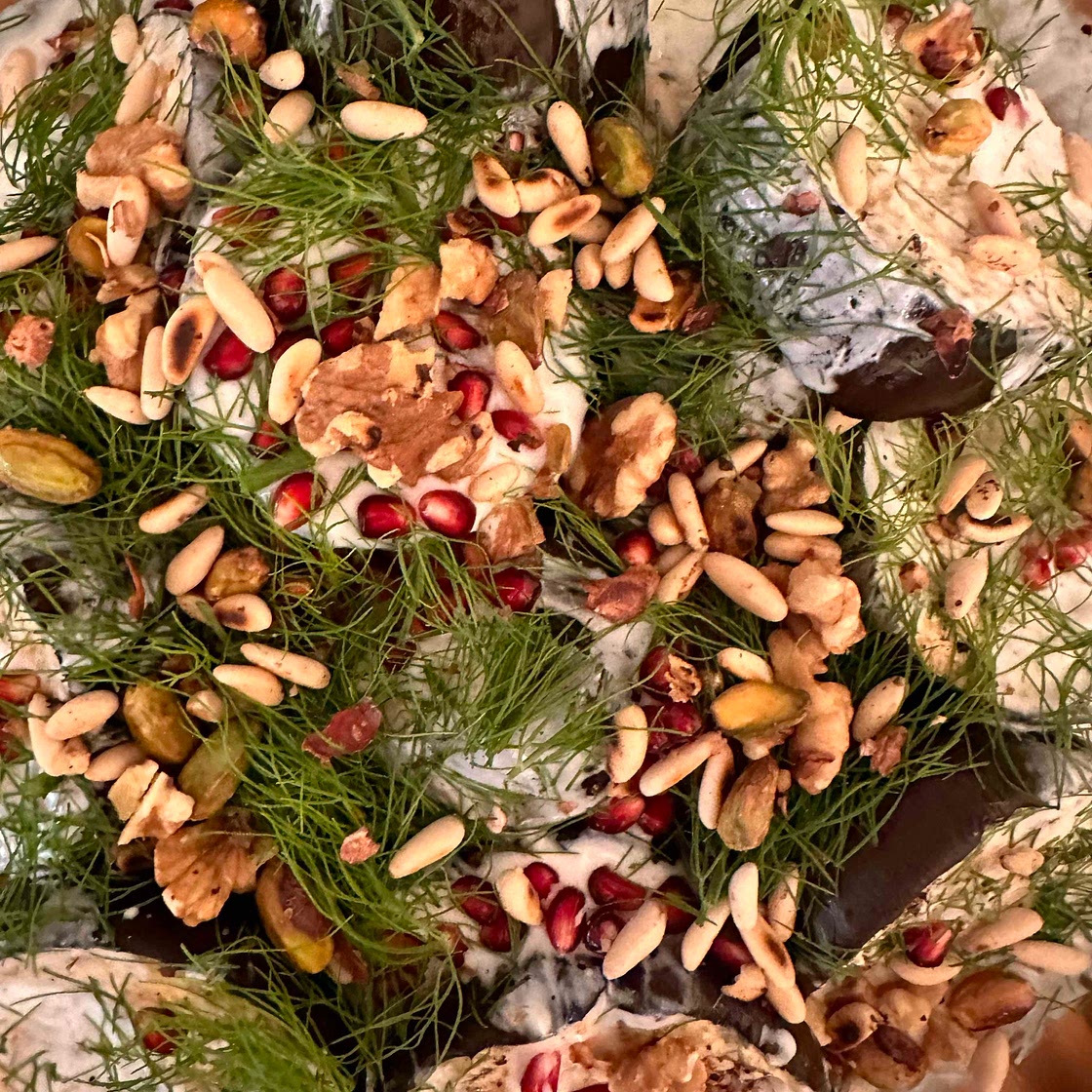 Aubergine, yogurt and nut salad