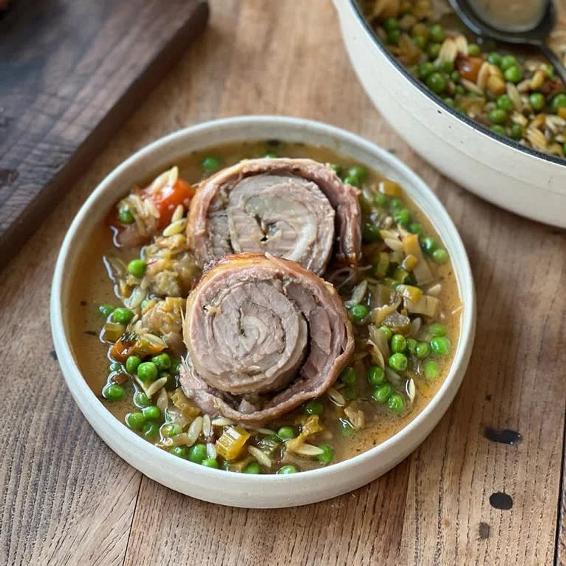 Welsh lamb breast, chilli and anchovy one pot orzo 