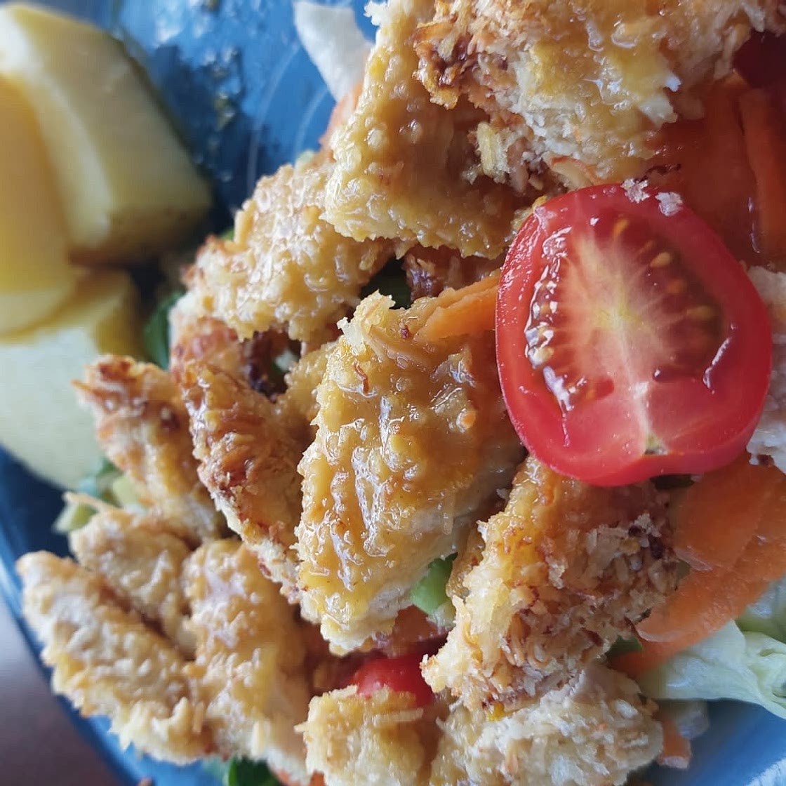 Coconut Chicken Salad with Warm Honey Mustard Vinaigrette