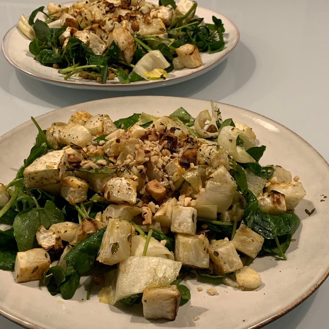 Roast Celeriac and Chicory Salad With Lentils and Mustard Dressing