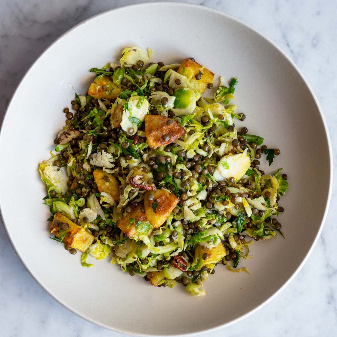 Warm Brussels Sprout Salad with Lentils