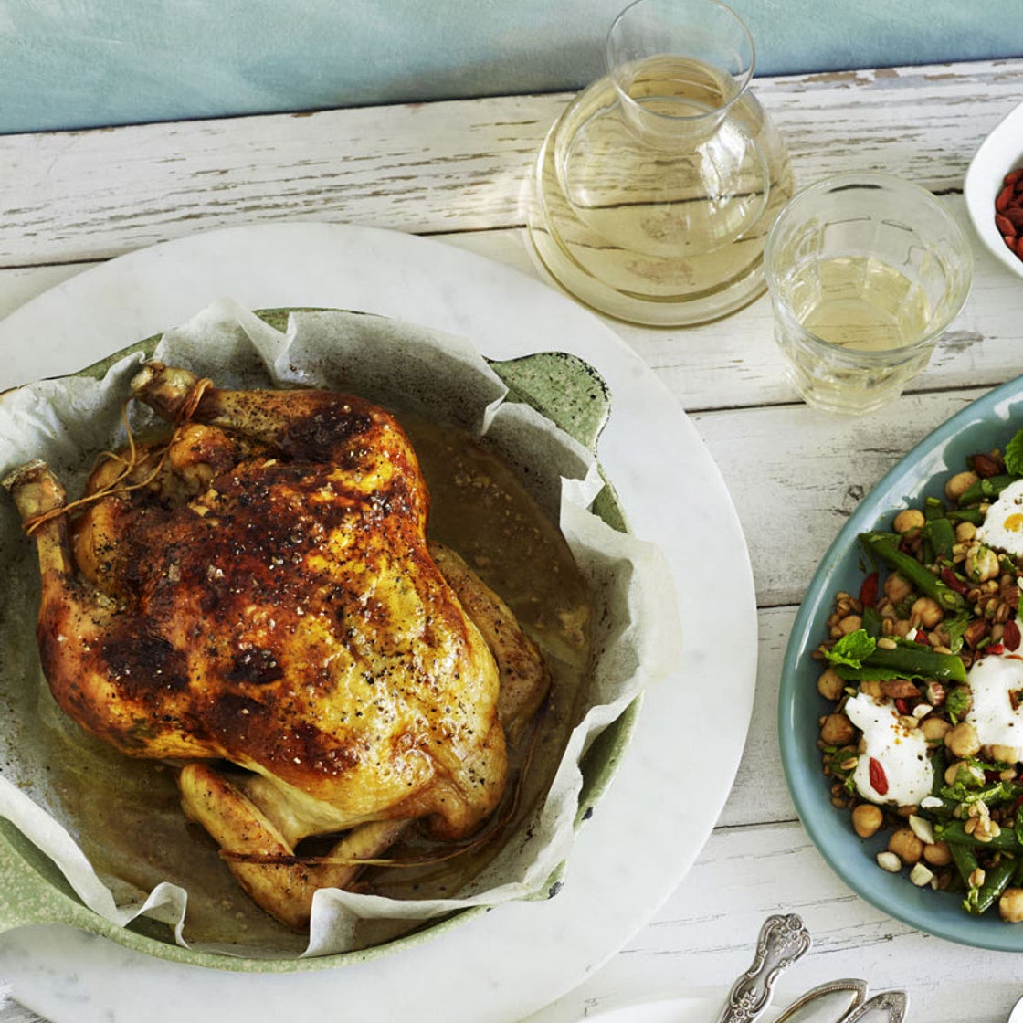 Feta and Harissa Roasted Chicken with Farro, Mint and Goji Berry Salad