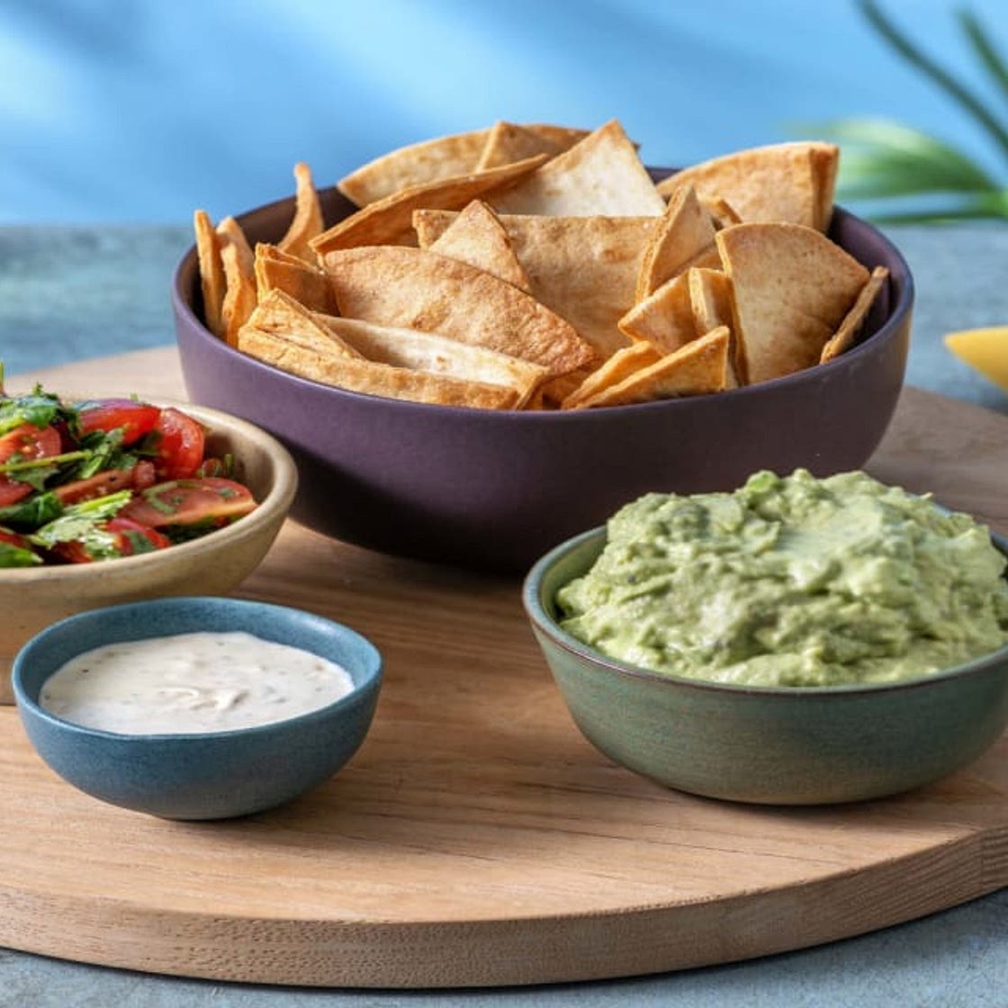 Homemade Tortilla Chips and Dips with Tomato Salsa, Zesty Soured Cream and Guac | Perfect for Sharing