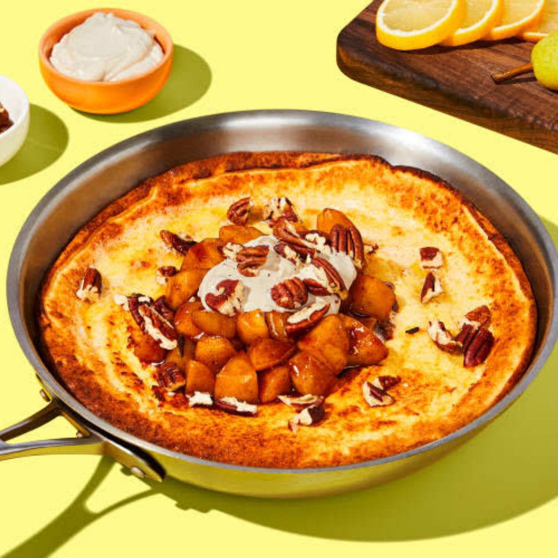 Lemon-Ricotta Dutch Baby with Pears & Maple Crème Fraîche! 🍋🍐🥞 