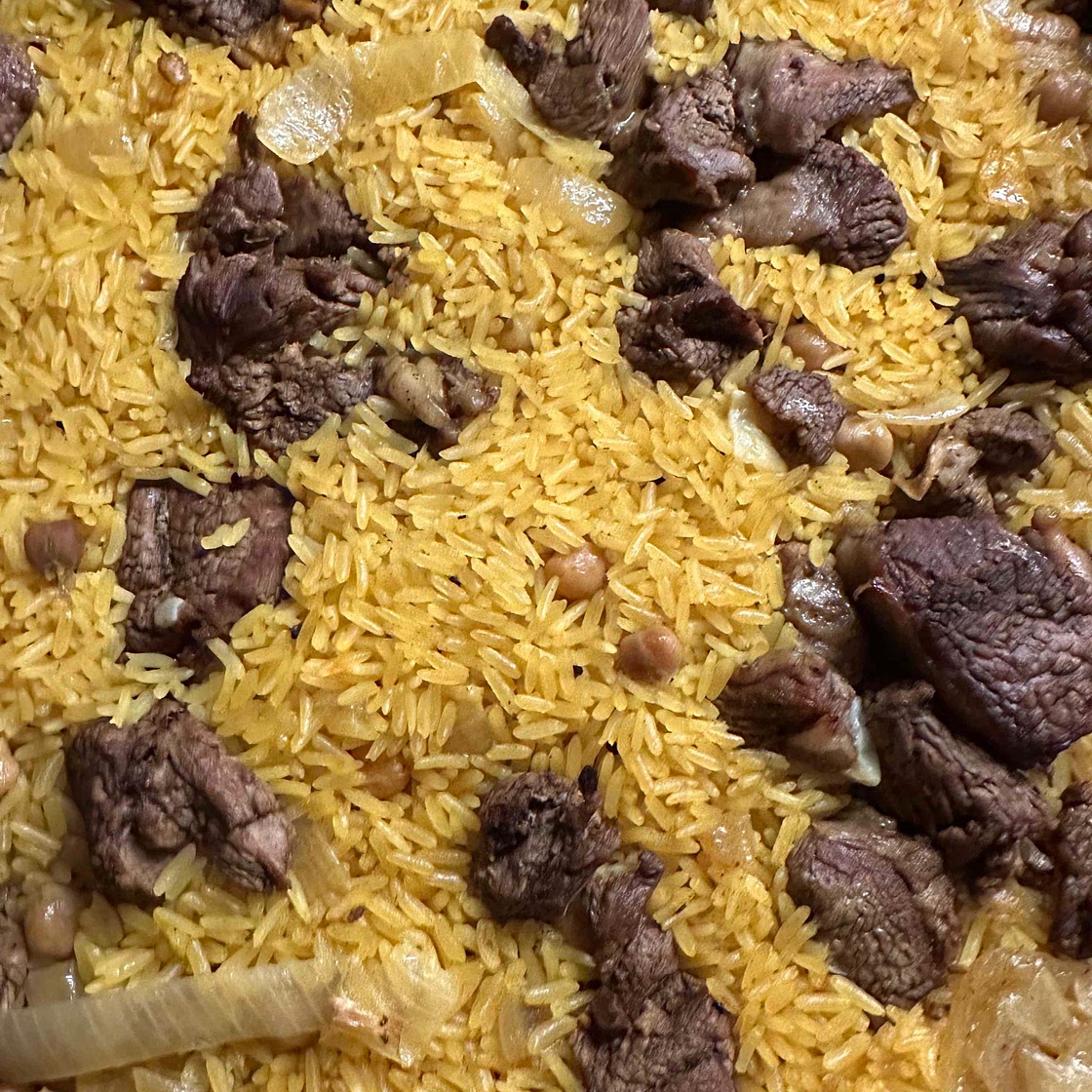 Lamb, garlic, chickpea pilaf