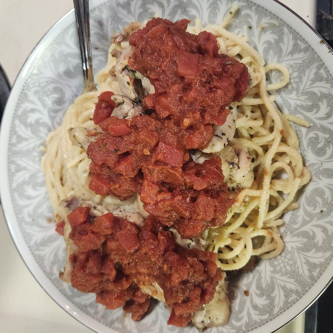 Balsamic Tomato & Herb Chicken over Buttery Garlic Spaghetti