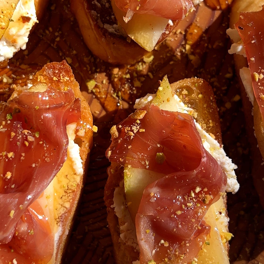 Goat Cheese, Pear and Prosciutto Crostini
