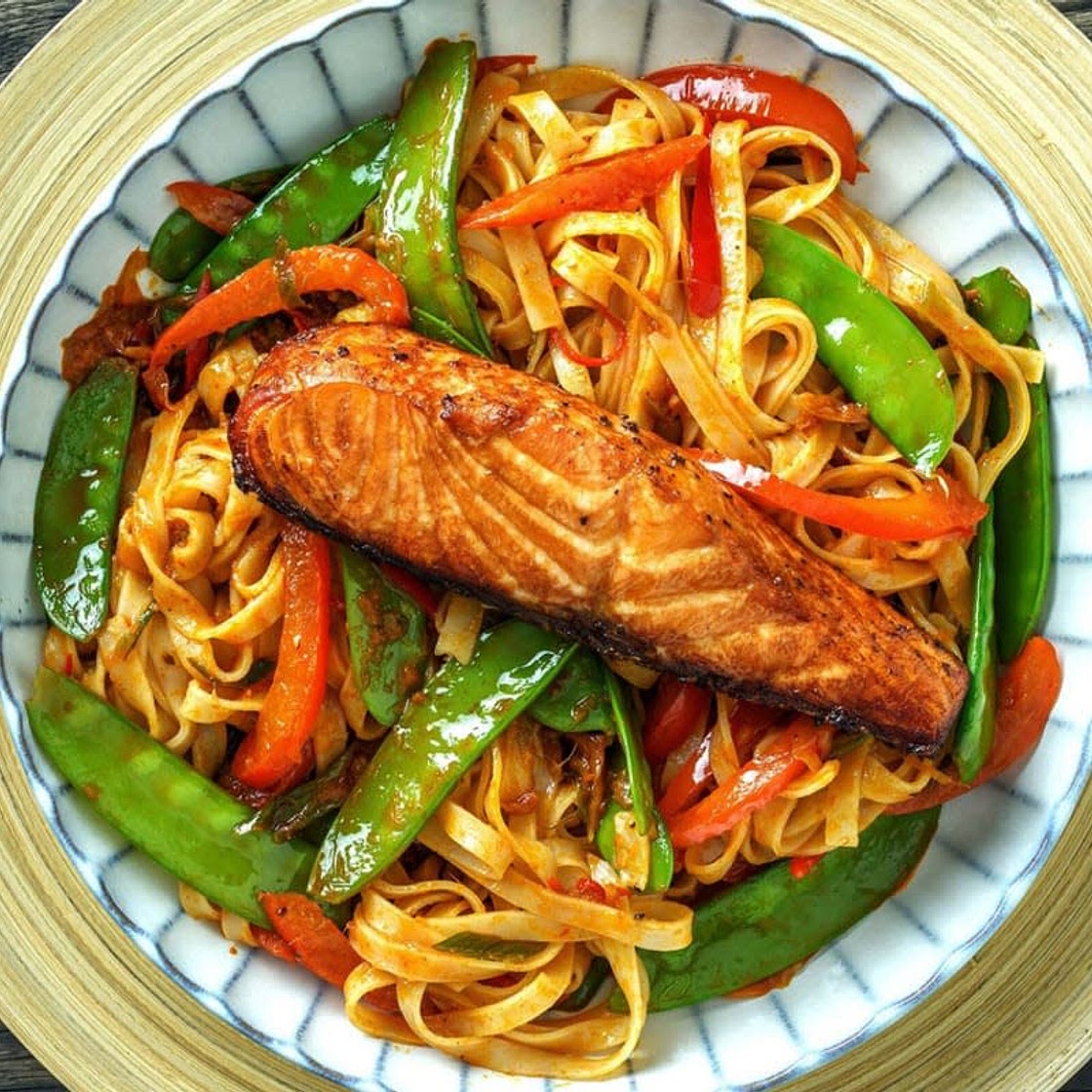 Tamari Salmon with Thai-Inspired Red Curry & Veg Noodles