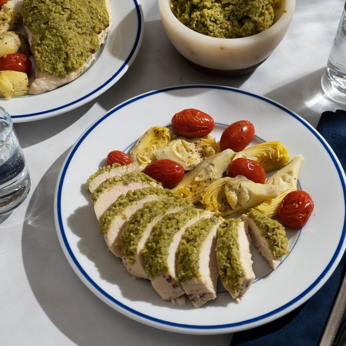 Green Olive Tapenade Chicken with Roast Vegetables