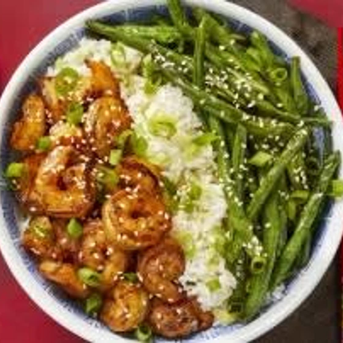 Sizzling Hoisin Shrimp with Ginger Scallion Rice & Roasted Green Beans