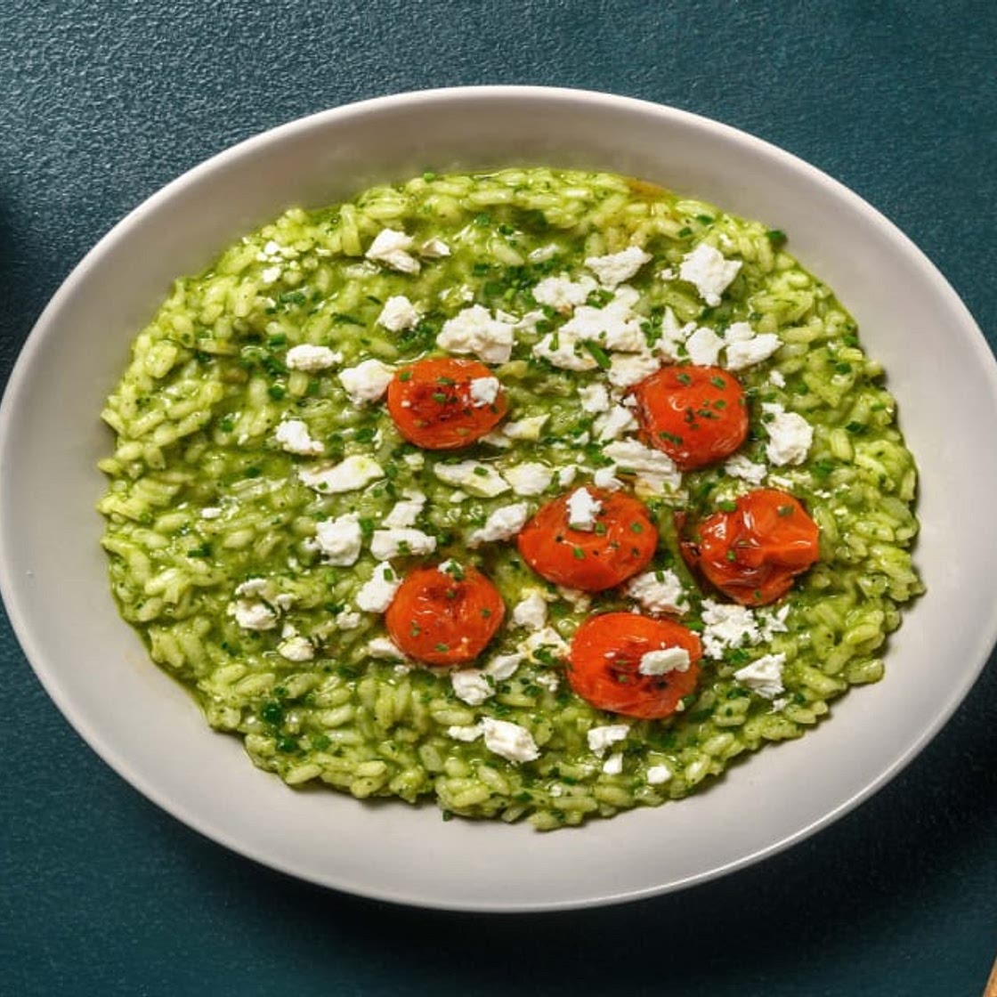 Oven-Baked Pesto Risotto with Roasted Tomatoes and Cheese