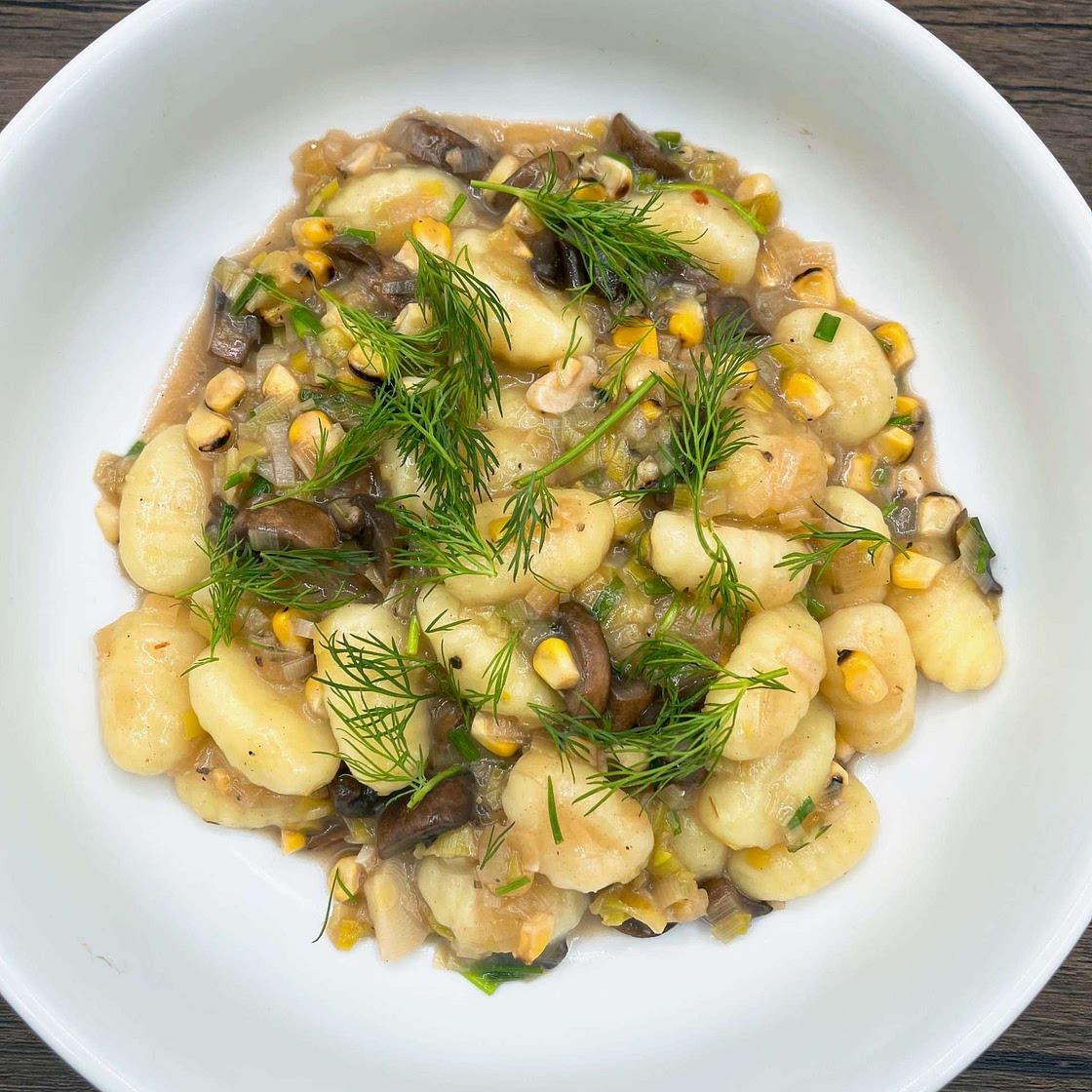 Gnocchi with Leek, Mushroom and Corn