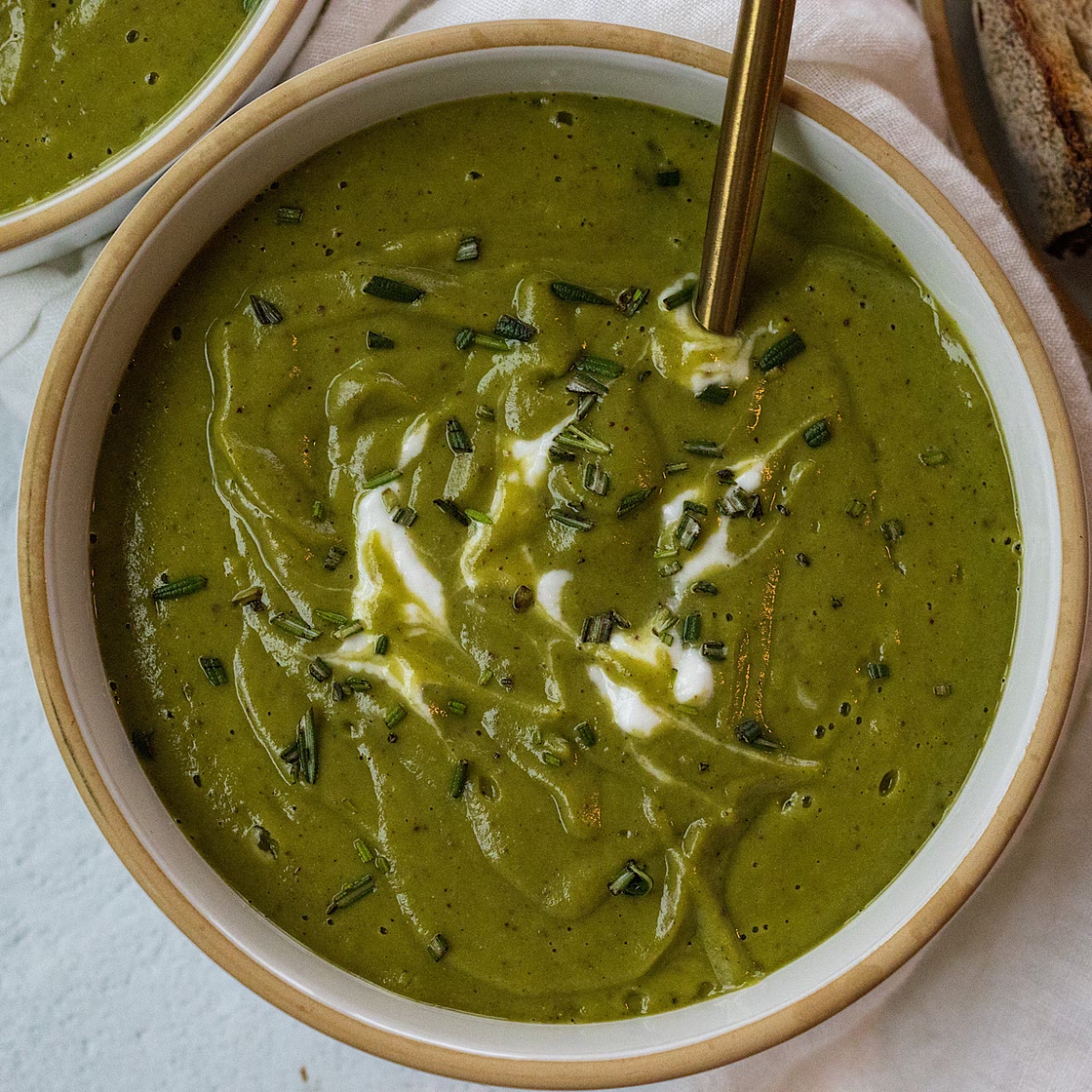 Japanese Sweet Potato Soup with spinach and rosemary