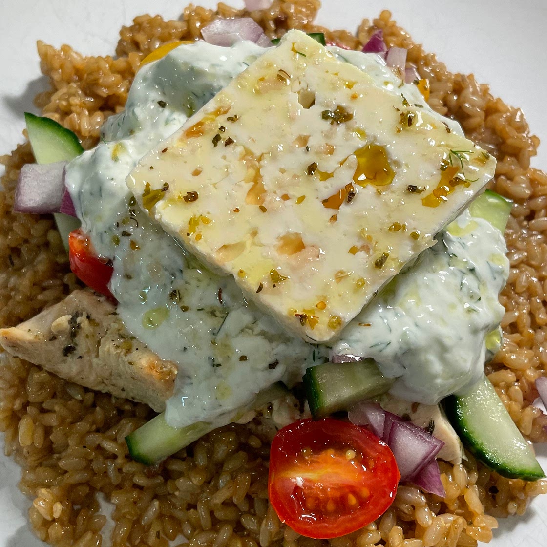 One-Pan Greek Chicken & Rice w/ Homemade Tzatziki