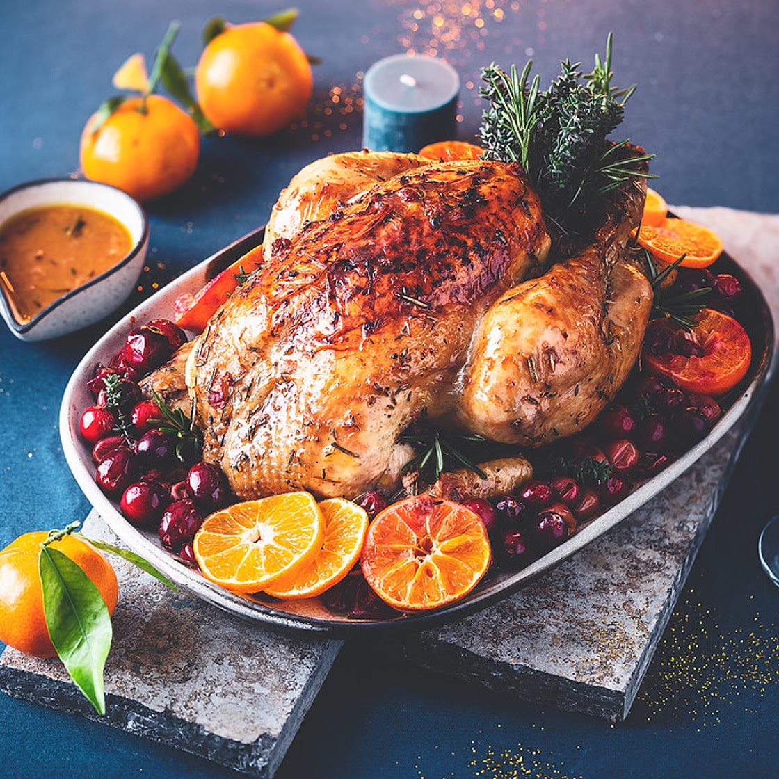 Poularde rôtie aux cranberries et clémentines Corse