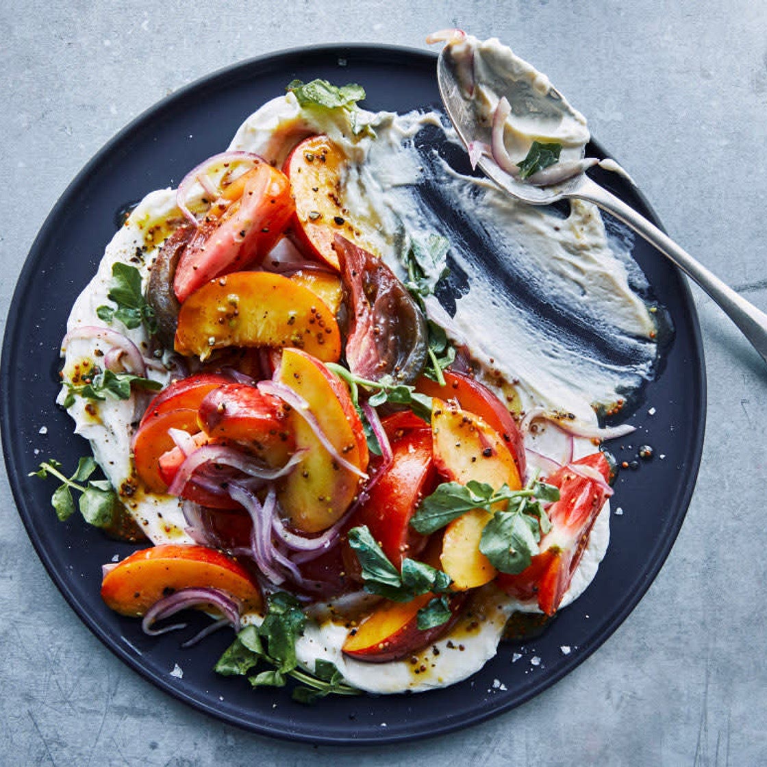 Tomato and Peach Salad with Whipped Goat Cheese