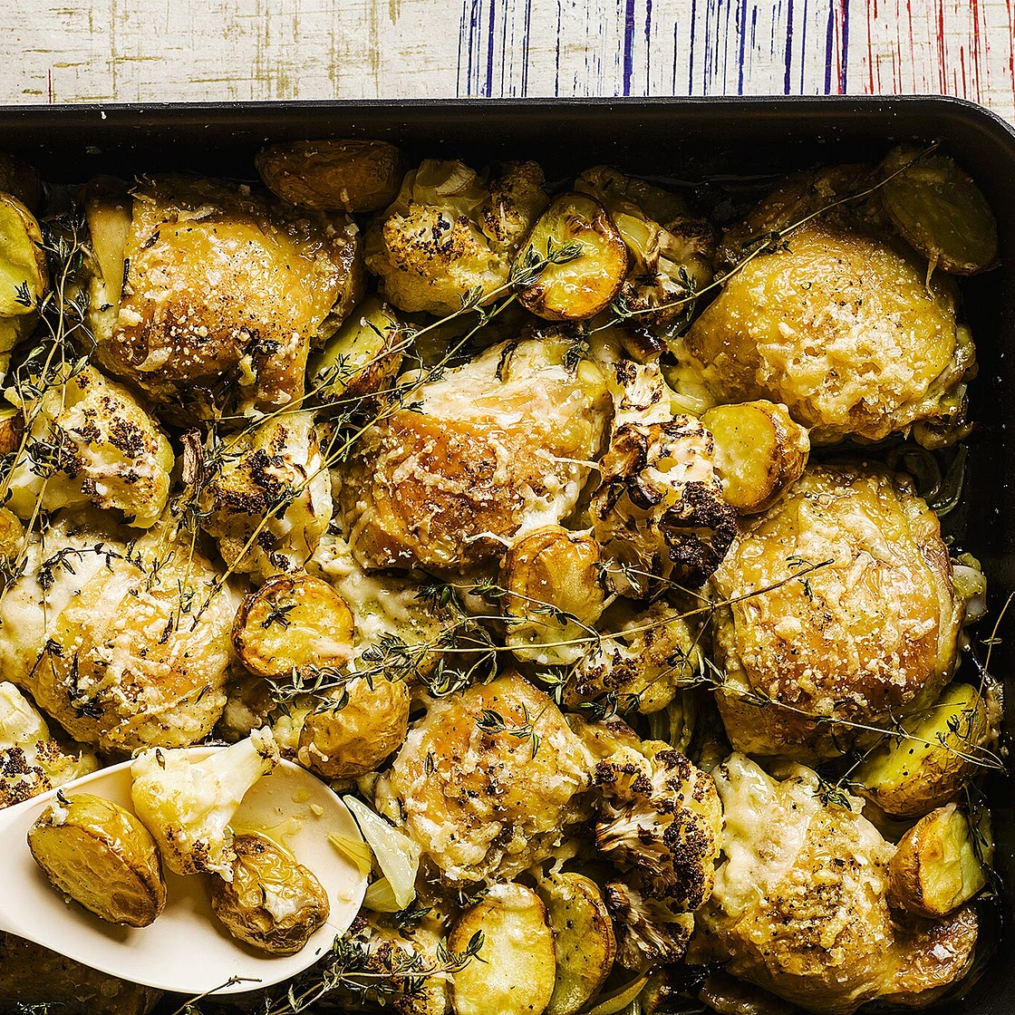 One pot Parmesan roast chicken and cauliflower recipe
