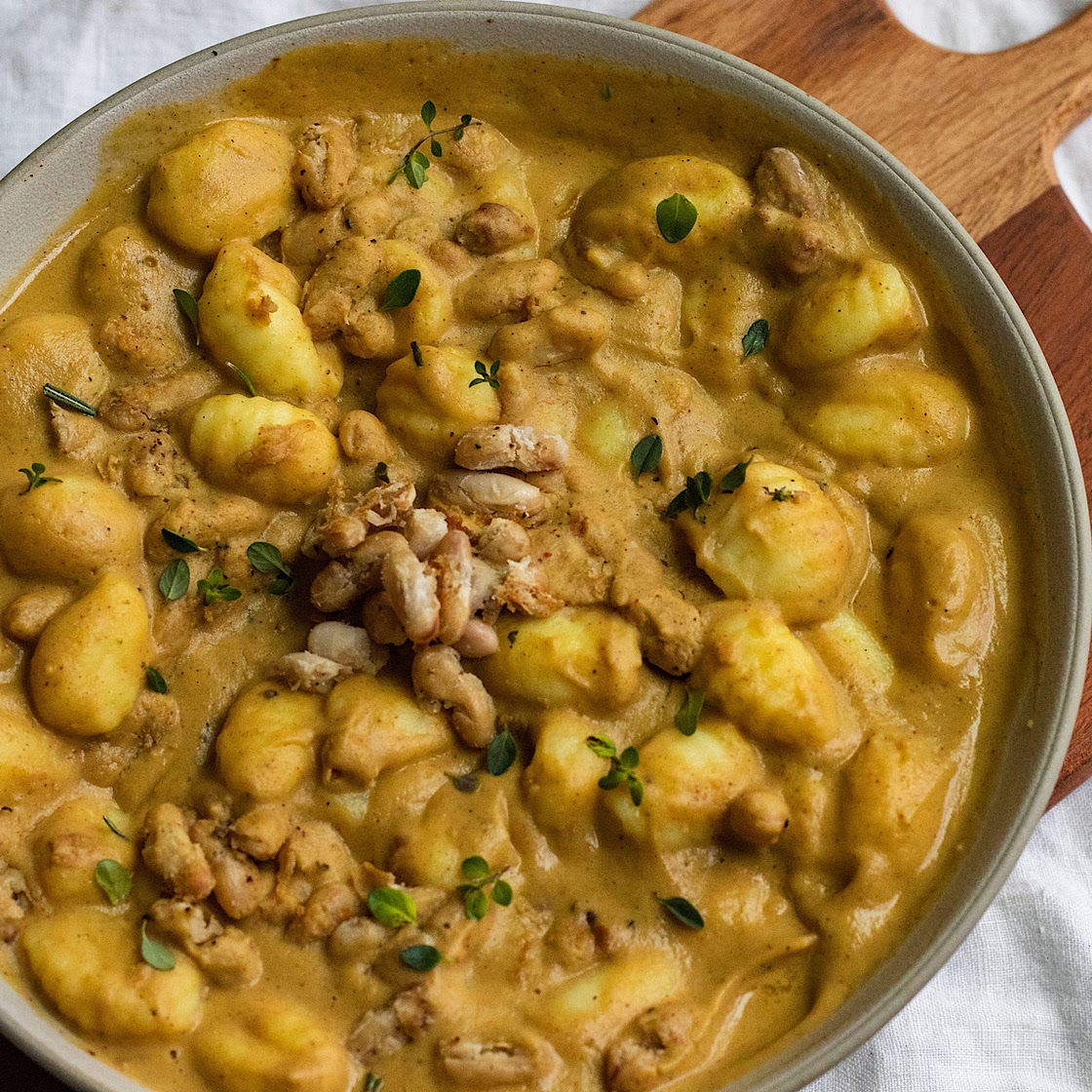 Creamy Acorn Squash Gnocchi Pasta with Crispy White beans